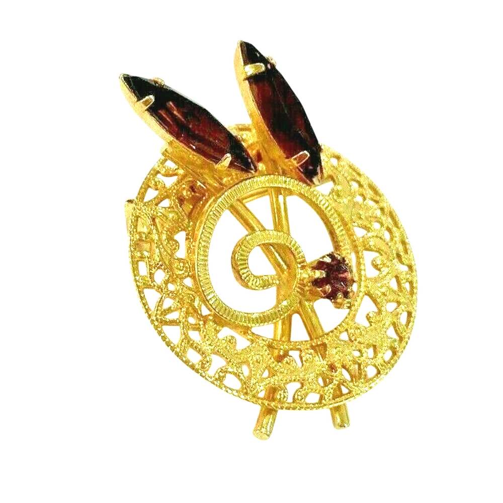 Vintage Gold Tone & Purple Rhinestones Brooch Filigree Style Wreath Ornate Pin